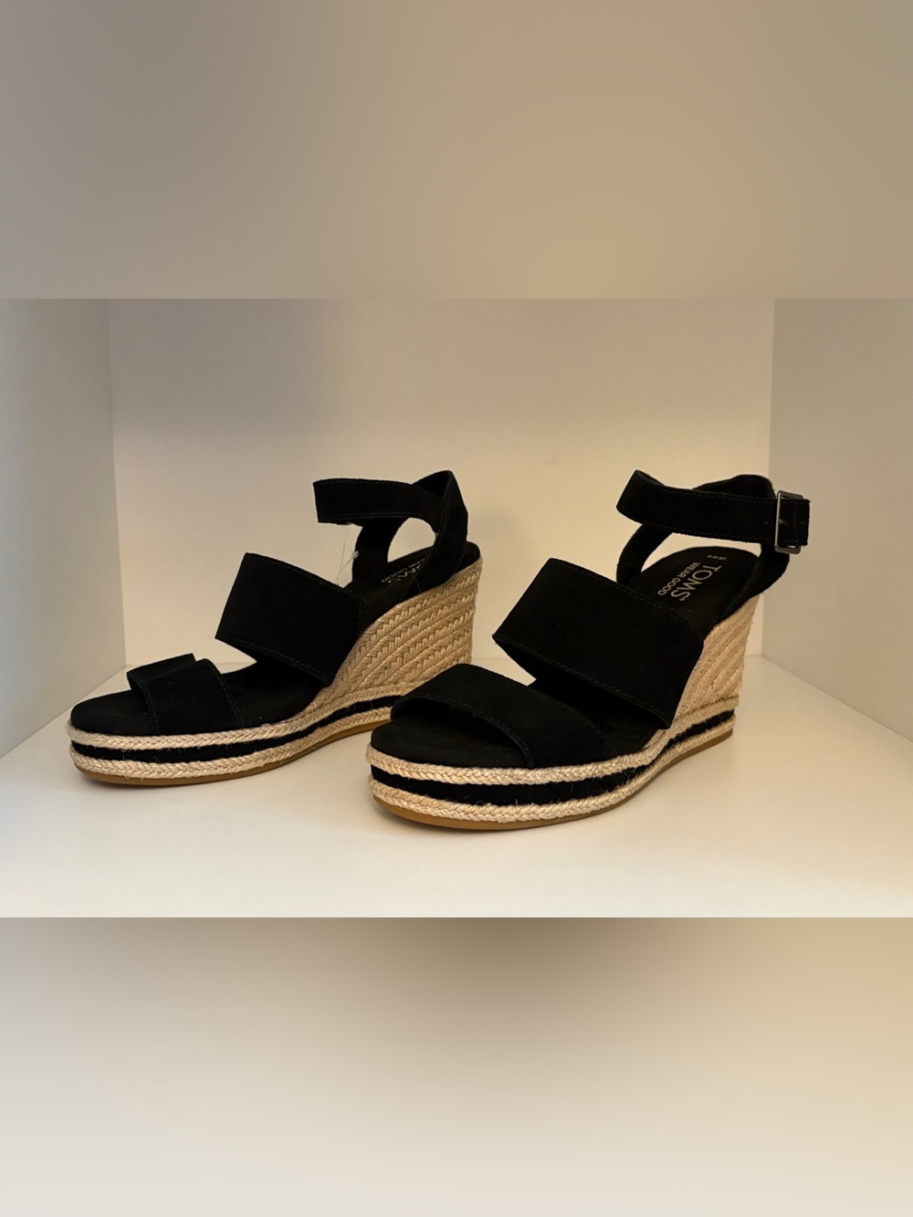 TOMS Black Suede Espadrille Wedge Sandals with Ankle Strap - Picture 2 of 10